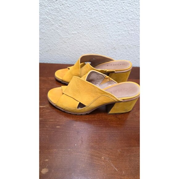 Sorel Nadia Women's Yellow Leather Open-Toe Slip on Block Heeled Sandals Size 10 - Picture 3 of 12